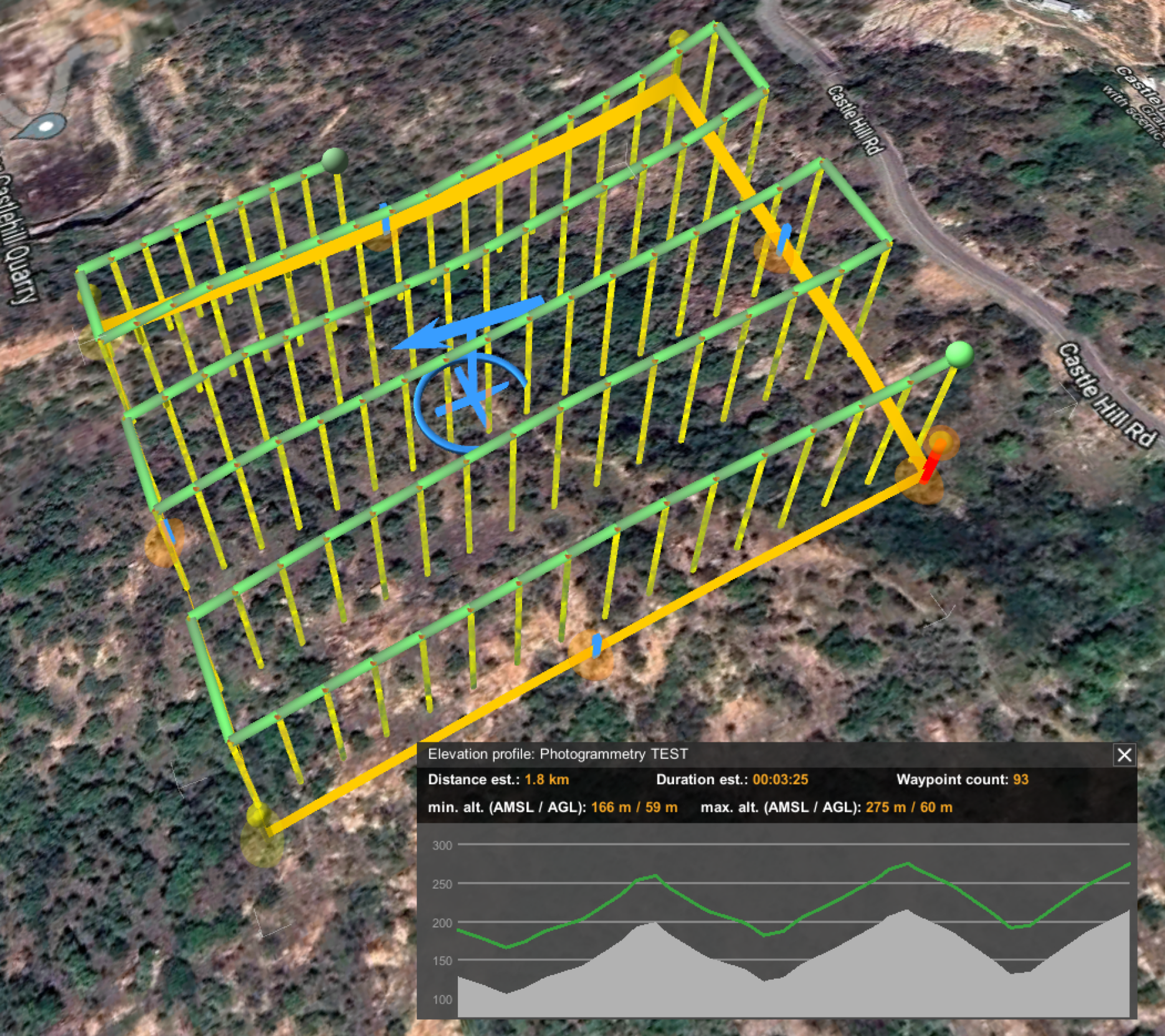 An aerial image with a regular grid of green and yellow lines drawn on it.