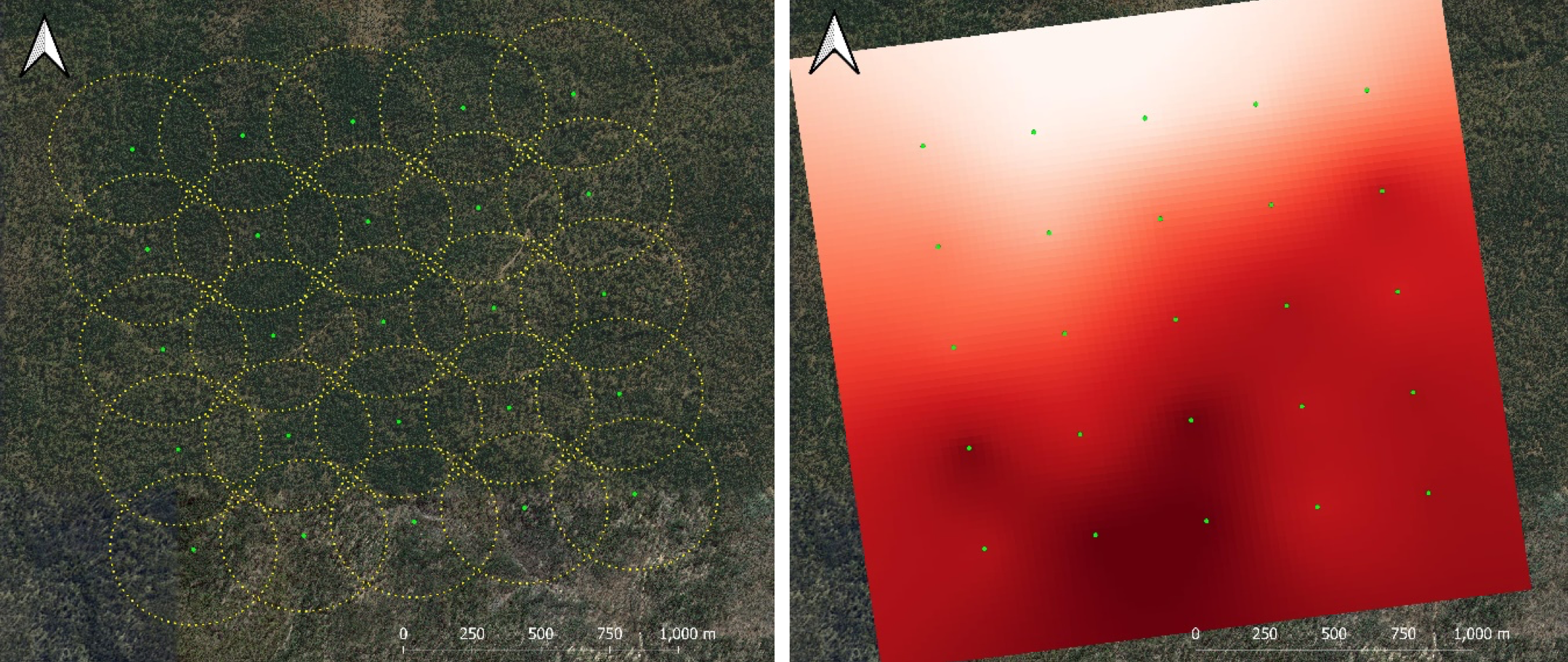 Two images, both showing variations on a grid placed over an aerial photo