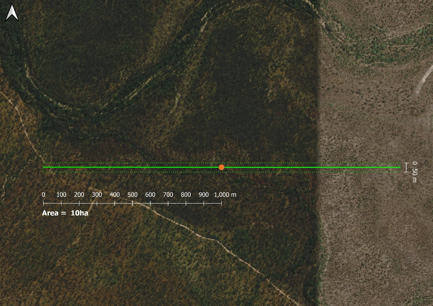 An aerial image with a long transect line drawn across it